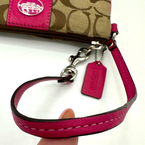 EUC Coach Canvas and Leather Signature Wristlet with Hangtag - Tan/Pink - Picture 9 of 13
